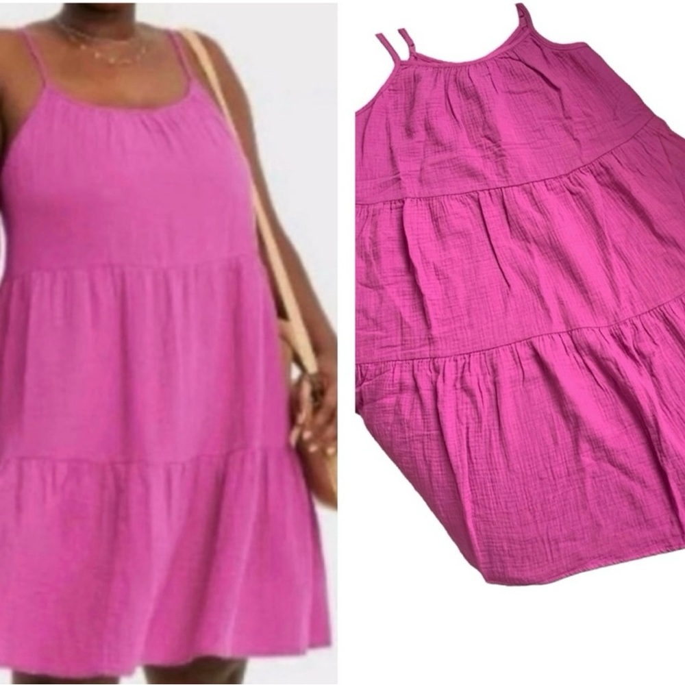 Hot Pink Cotton Gauze Babydoll Tiered Dress Spaghetti Straps Boho Summer S